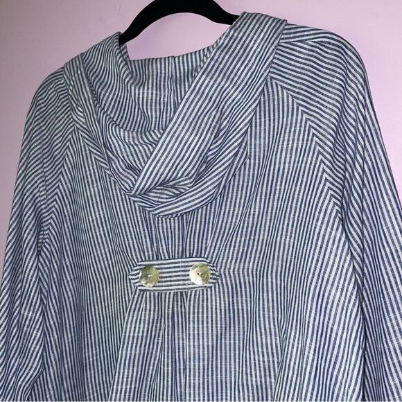 Sigrid Olsen Size L Linen Hooded Jacket Blue White Stripe Coastal Lagenlook - Picture 7 of 8